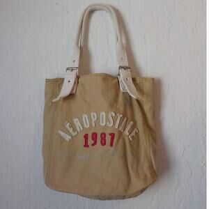Y2K Aeropostale 1987 Beige Big Tote Bag Cotton Buckle Lined Reusable Washable